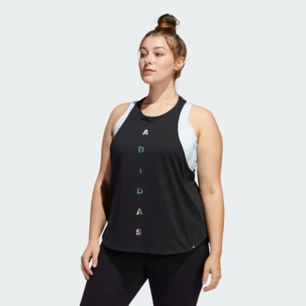 NWT Adidas Plus Size Black Racer Back Tank SZ 1X FM1639 Metallic Logo - Picture 6 of 6